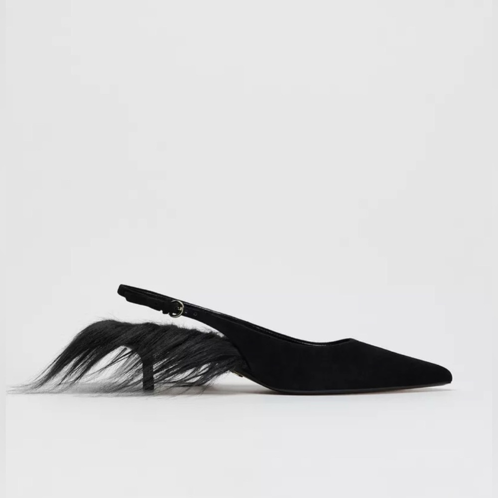 Zara Black Suede Heels with Fur Accent
